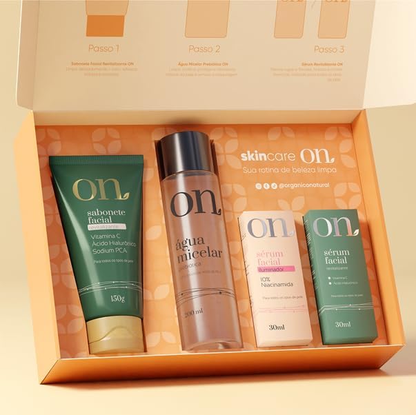 Kit Skincare ON em 4 passos - Sérum Facial Iluminador + Sérum Facial Revitalizante + Sabonete Facial Revitalizante + Água Micelar Prebiótica - ON
