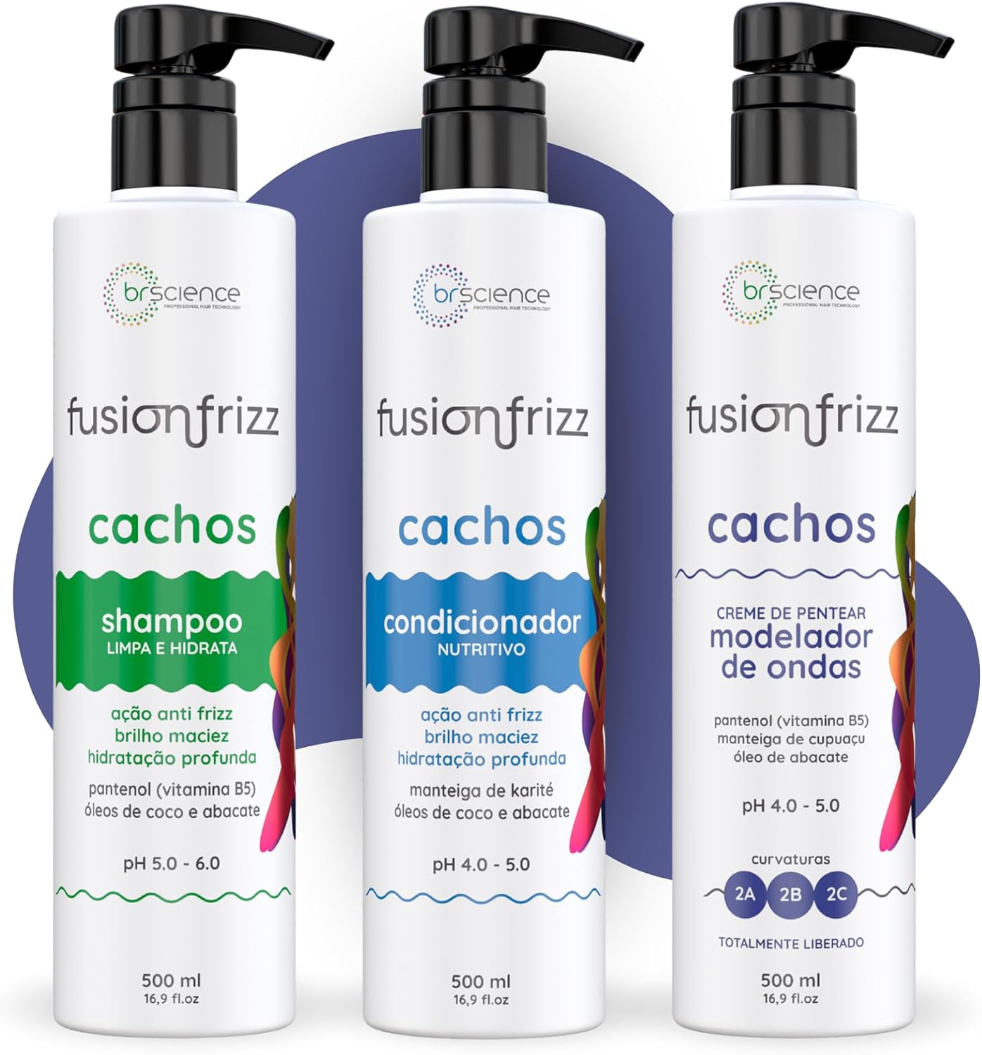 Kit Shampoo, Condicionador e Creme de Pentear Modelador de Ondas Brscience FusionFrizz Cachos – Limpeza, Hidratação e Definição Suave para Cabelos Ondulados 2A, 2B e 2C – 3x500ml