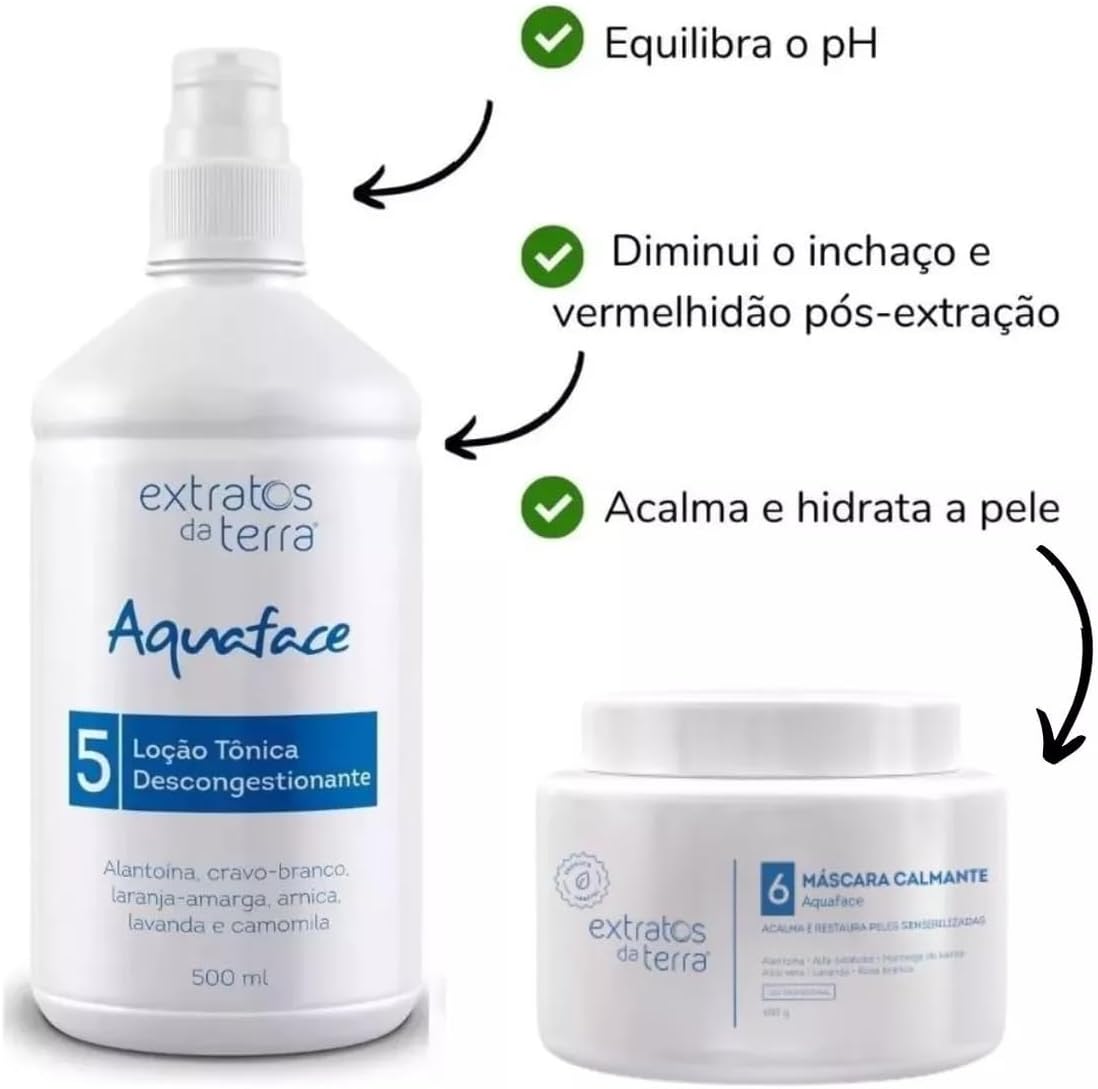 Kit Completo para Limpeza de Pele Aquaface Extratos da Terra - Esfoliante, Emoliente, Tônico e Máscaras - Uso Profissional