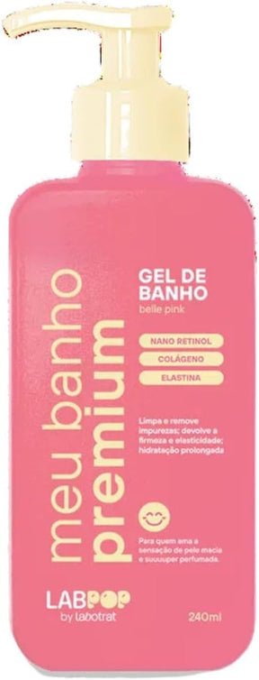 Kit Cuidados Completo Belle Pink - Meu Banho Premium - Esfoliante, Hidratante, Body Splash e Gel de Banho - Limpeza, Hidratação e Perfume com Nano Retinol e Colágeno