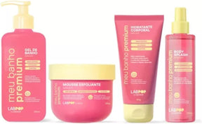 Kit Cuidados Completo Belle Pink - Meu Banho Premium - Esfoliante, Hidratante, Body Splash e Gel de Banho - Limpeza, Hidratação e Perfume com Nano Retinol e Colágeno