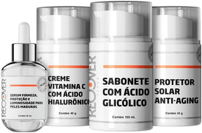 Kit Skincare Anti-Aging: Sérum Peles Maduras + Creme Vitamina C com Ácido Hialurônico + Sabonete com Ácido Glicólico + Protetor solar Anti-aging - Recover Farma