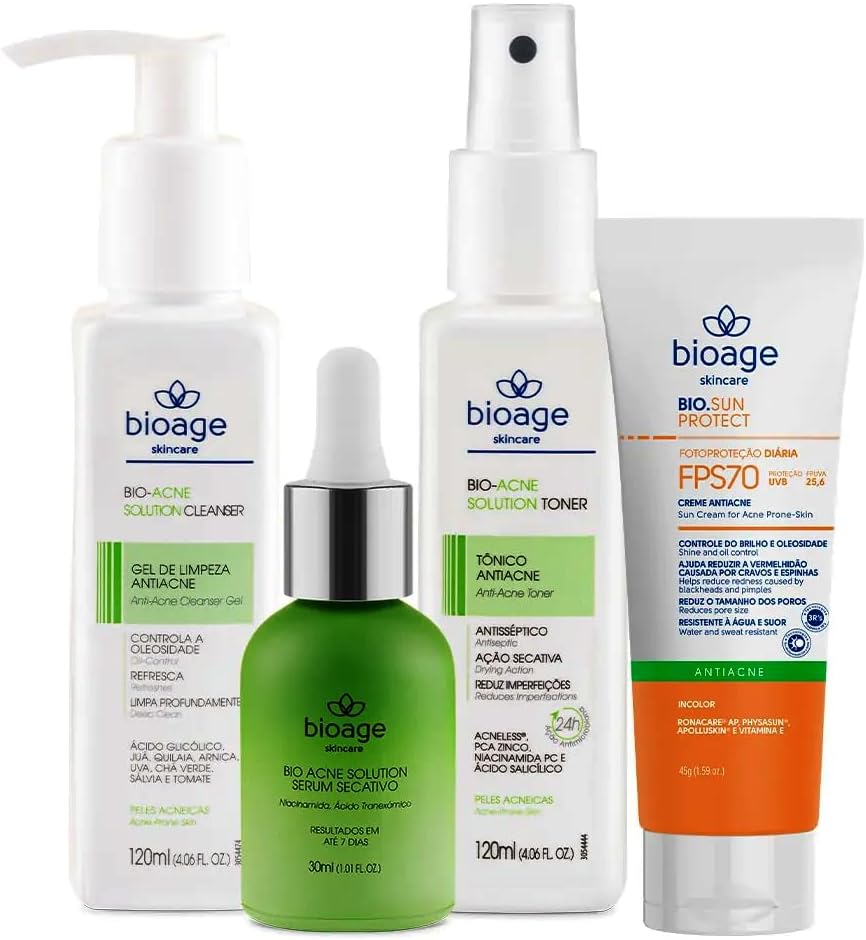 Sabonete Facial + Serum + Tonico + Protetor Solar FPS70 - Tratamento Skincare Antiacne Completo - BIOAGE
