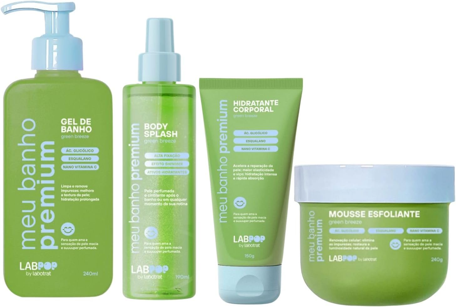 Kit Green Breeze Completo Mousse Esfoliante, Body Splash, Hidratante e Gel de Banho Labpop By Labotrat - Meu Banho Premium - Limpeza, Hidratação e Perfumação com Ácido Glicólico e Vitamina C