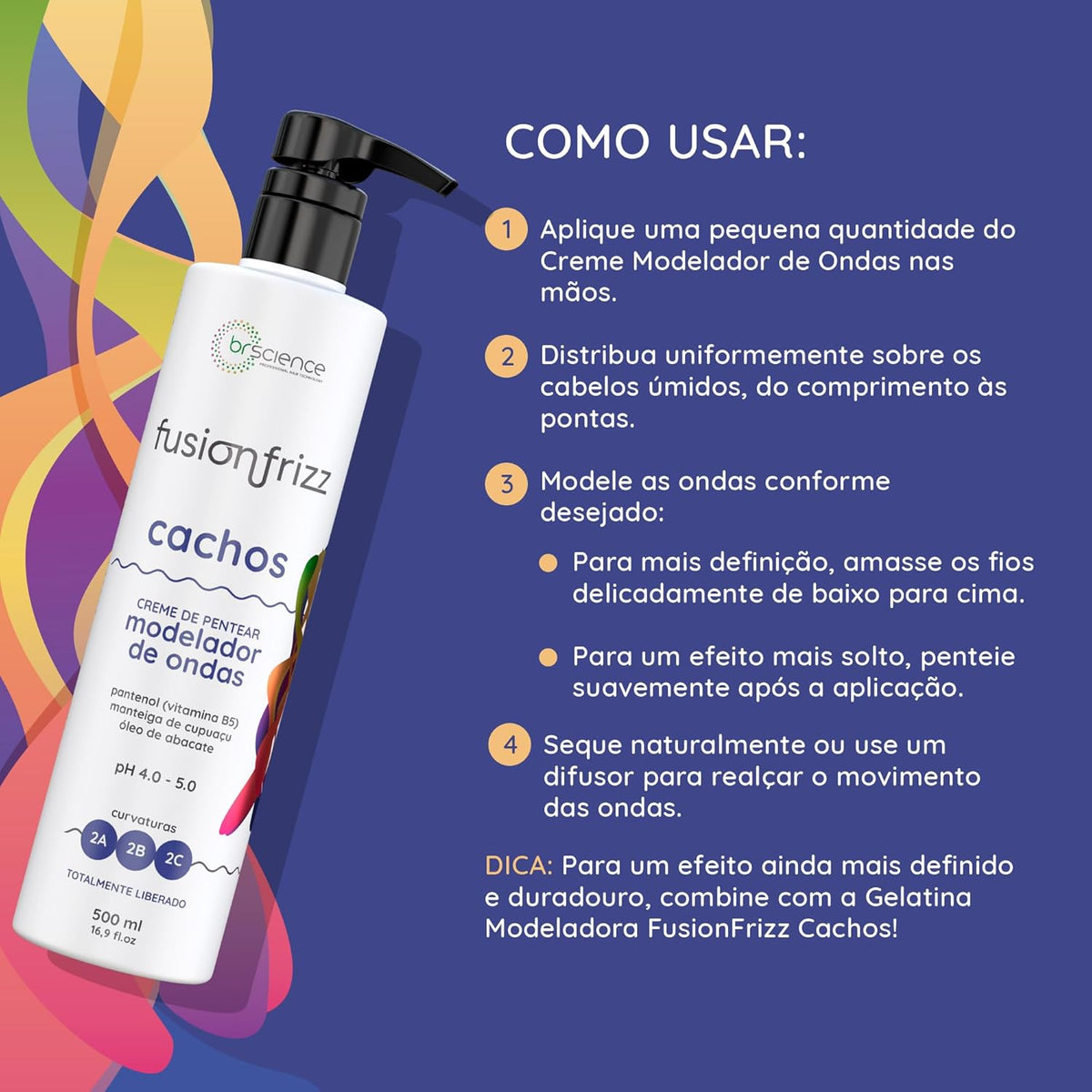 Kit Shampoo, Condicionador e Creme de Pentear Modelador de Ondas Brscience FusionFrizz Cachos – Limpeza, Hidratação e Definição Suave para Cabelos Ondulados 2A, 2B e 2C – 3x500ml