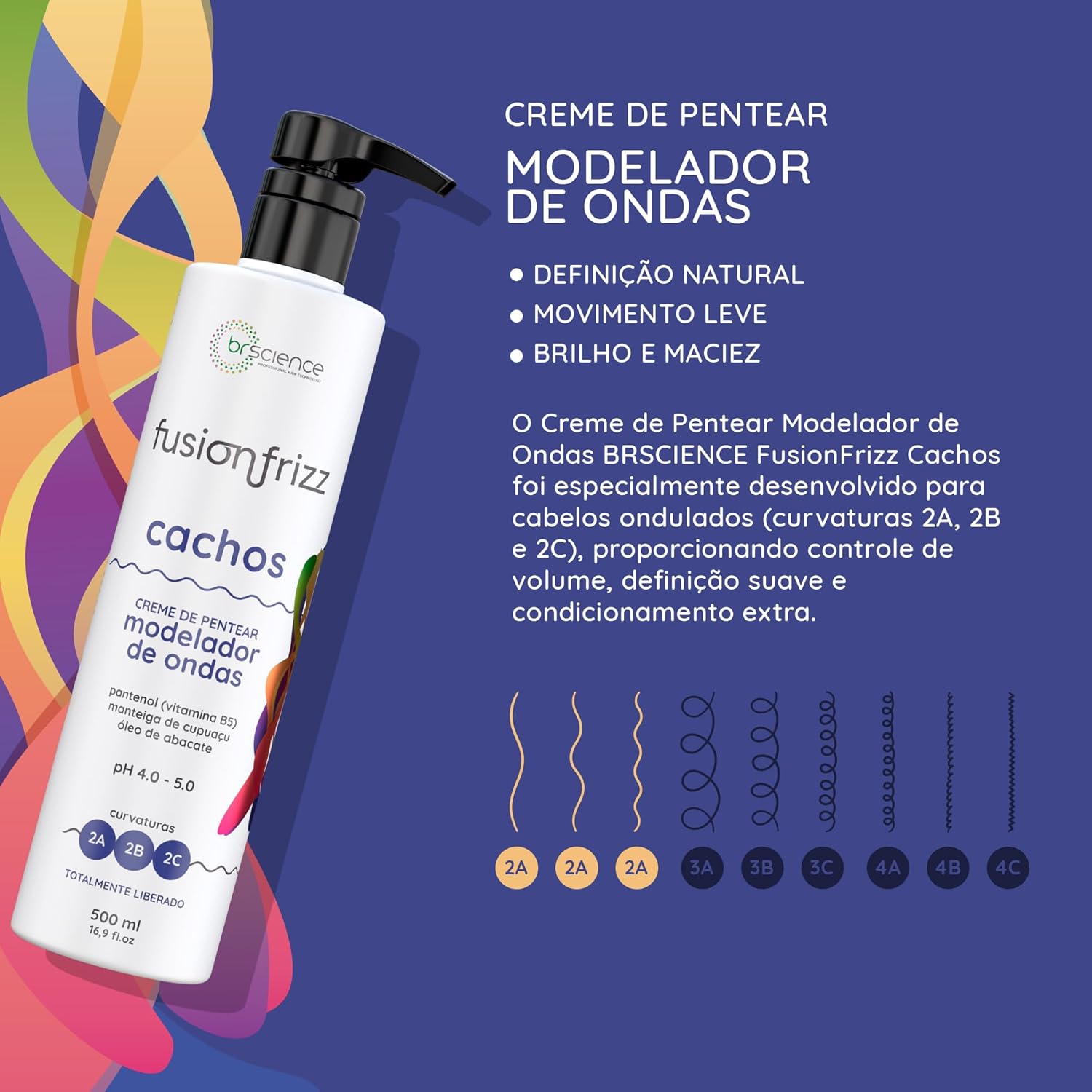 Kit Shampoo, Condicionador e Creme de Pentear Modelador de Ondas Brscience FusionFrizz Cachos – Limpeza, Hidratação e Definição Suave para Cabelos Ondulados 2A, 2B e 2C – 3x500ml