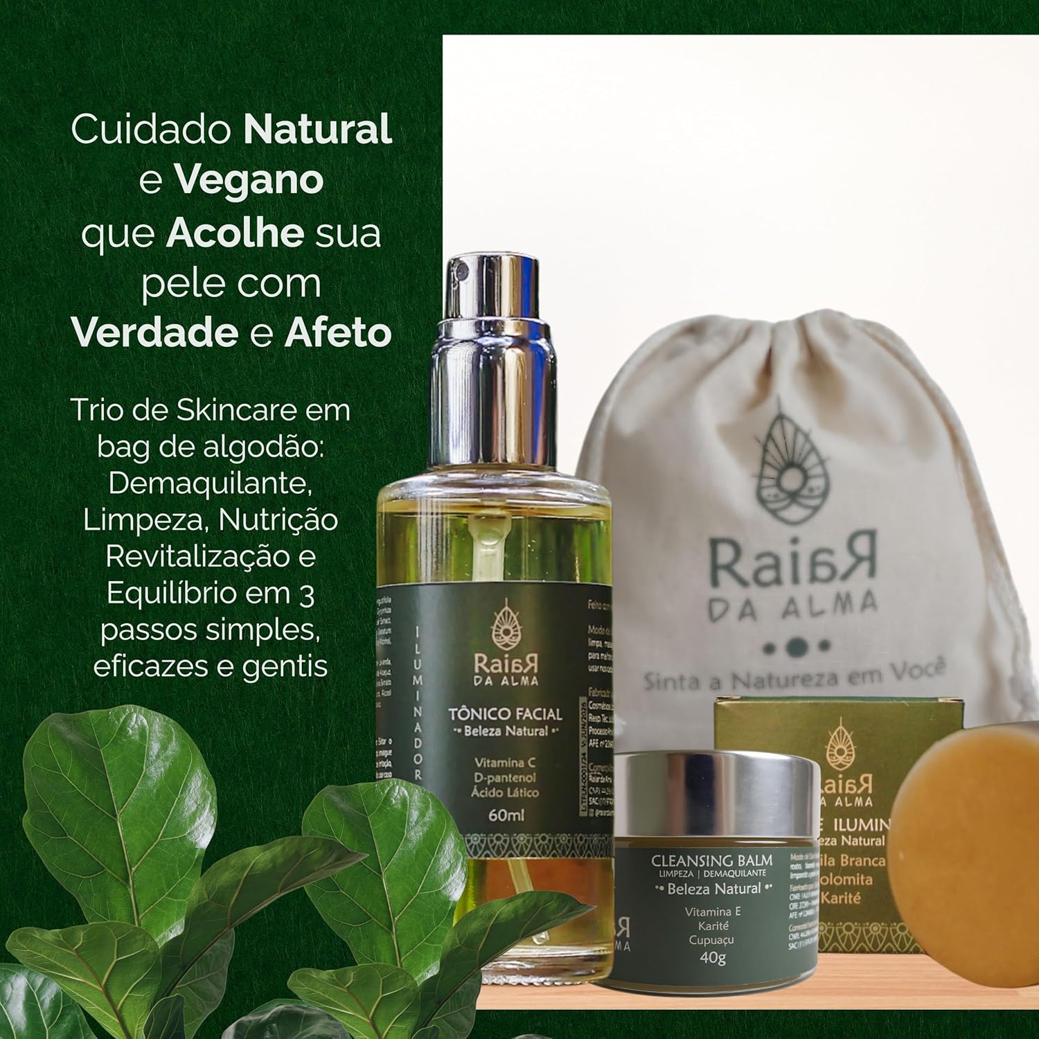 Kit Skincare Limpeza Revitalização Equilíbrio – Balm Demaquilante, Sabonete Iluminador, Tônico com Vitamina C, Ácido Lático, Alcaçuz Romã Natural Vegano Raiar da Alma
